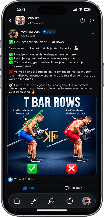 De KEVFIT-community in de app met een bericht van Kevin Aalbers over de techniek van T-Bar Rows