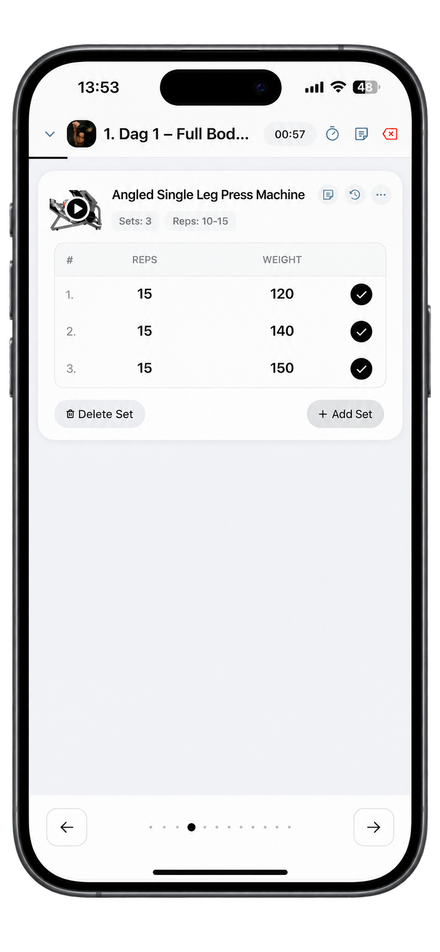 Het trainingsscherm van de KEVFIT-app met jouw schema
