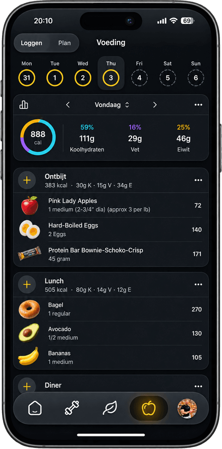 Het voedingsscherm van de KEVFIT-app met het dagtotaal aan calorieen, de macroverdeling en de gelogde maaltijden